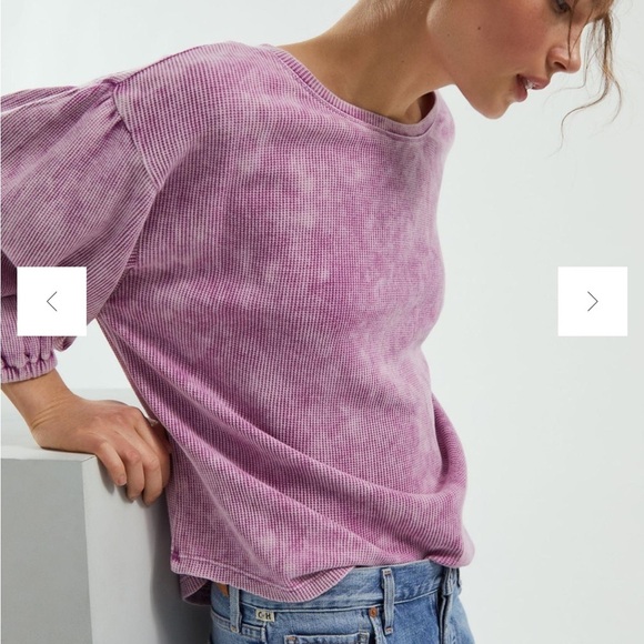 Anthropologie Pilcro Washed Waffle Top Raspberry Shirt Puff Sleeve Boho Sz S - Picture 1 of 11